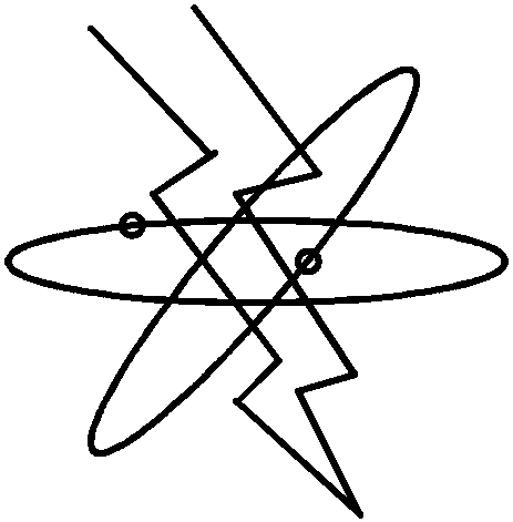 Abstract design combining atomic orbits and lightning bolts in black lines.